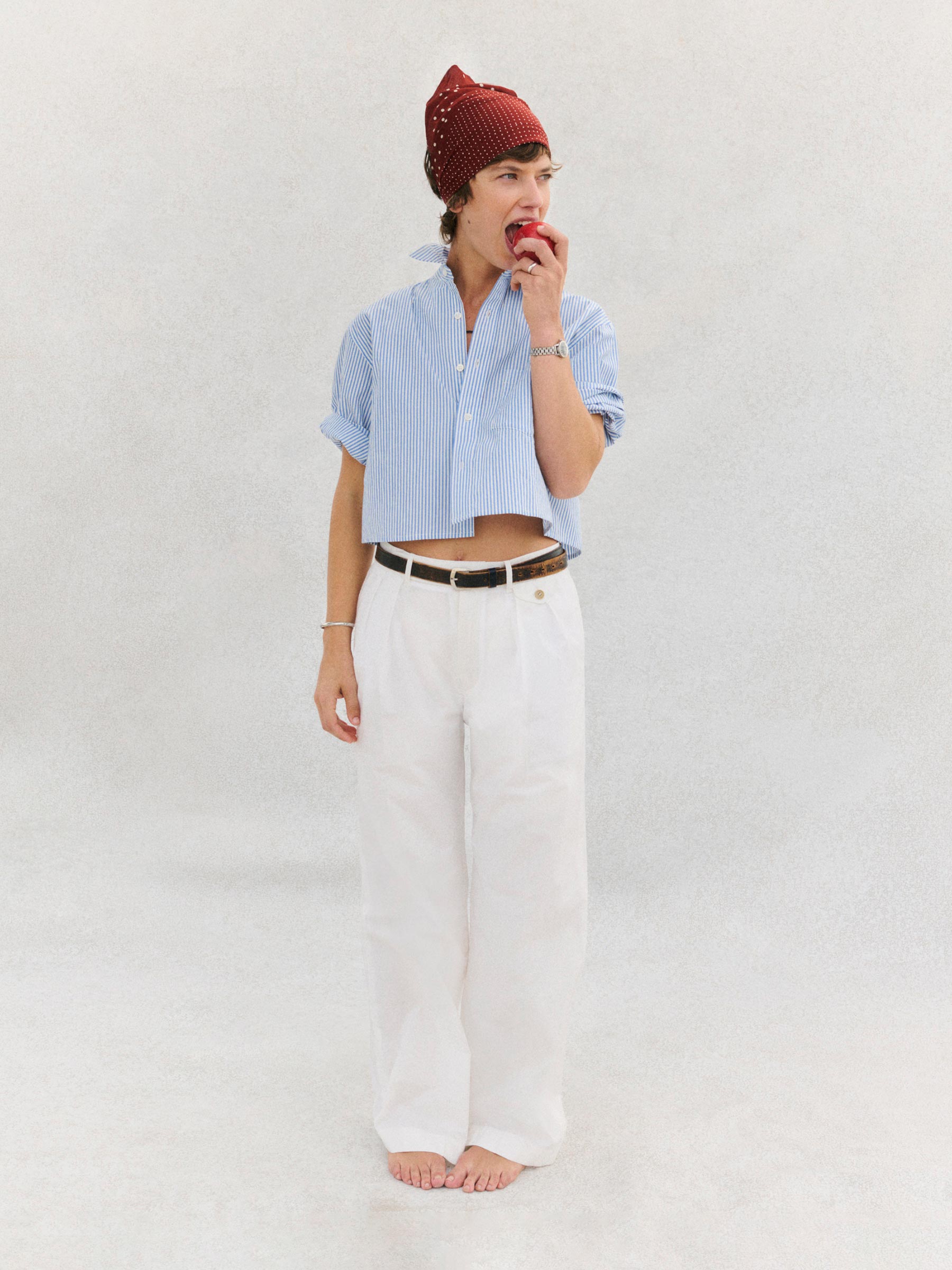 White/Sky Blue Hampton Mainstay Cotton Cut-Off Short Sleeve Button Down - Image 4