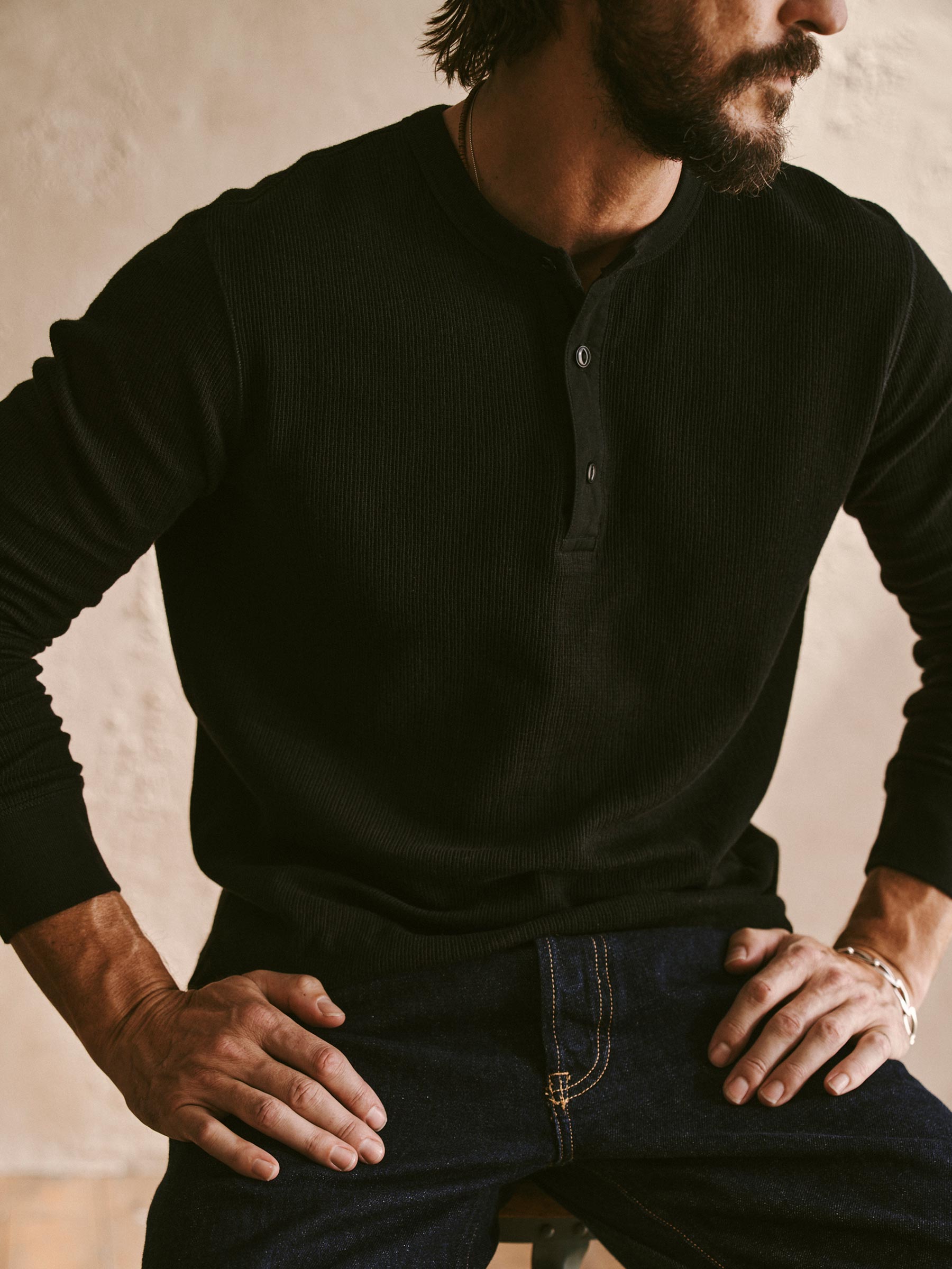 Alternative view of Black Vintage Thermal Henley