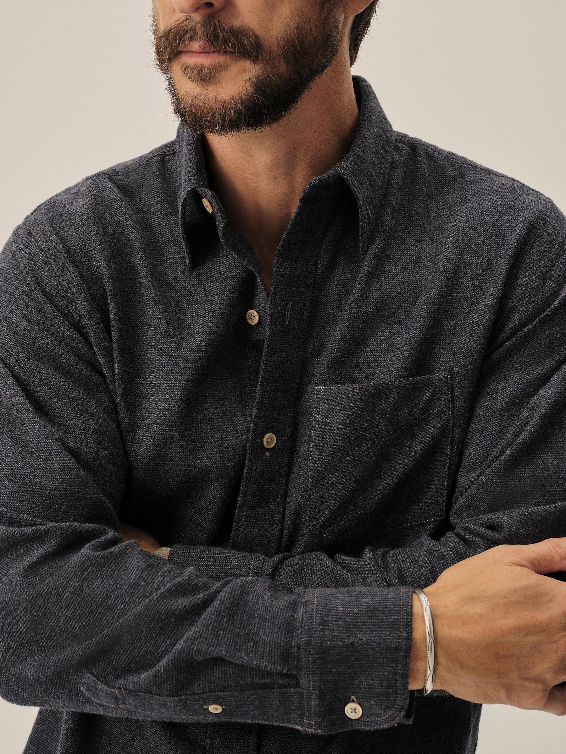 Grey / Navy Nailhead Pacific Twill Flannel Bd Shirt - Image 3