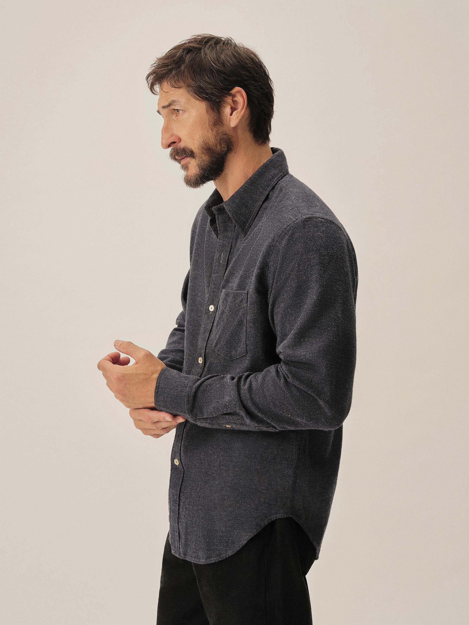 Grey / Navy Nailhead Pacific Twill Flannel Bd Shirt - Image 4