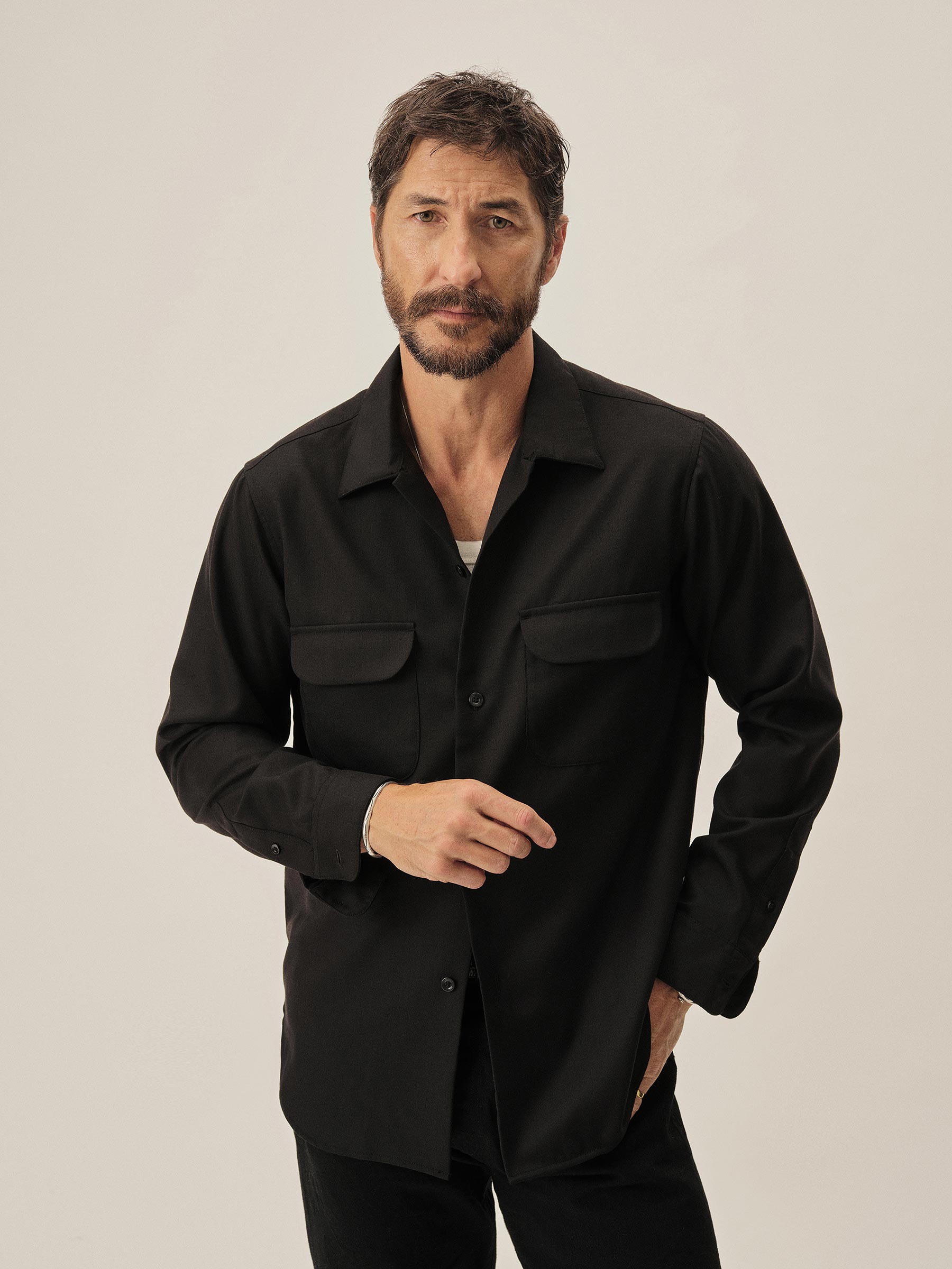 Black Wool Gabardine Diamondhead Camp Shirt - Image 3