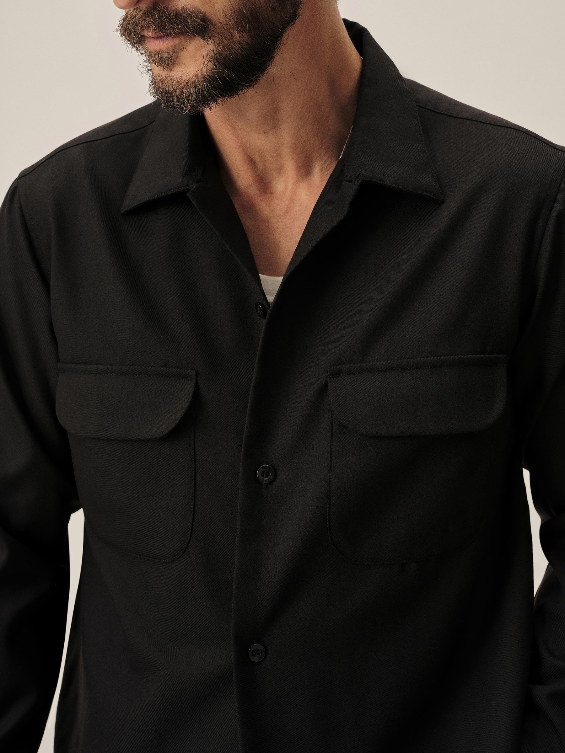 Black Wool Gabardine Diamondhead Camp Shirt - Image 4