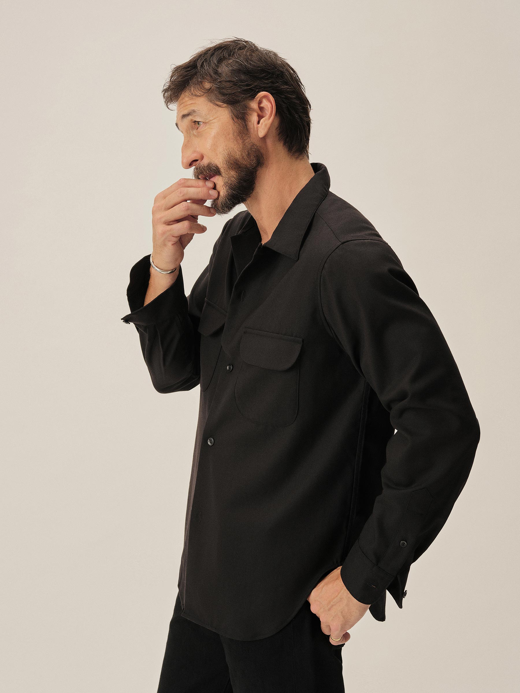 Black Wool Gabardine Diamondhead Camp Shirt - Image 5