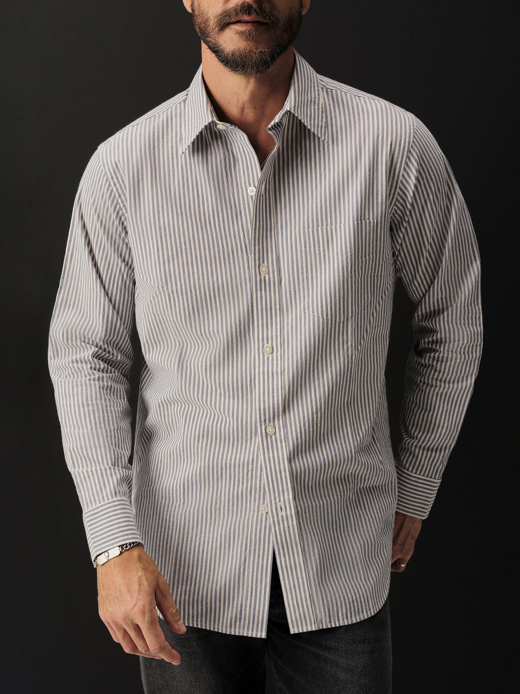 White / Blue Coronado Stripe Wornwell One Pocket Shirt - Image 5