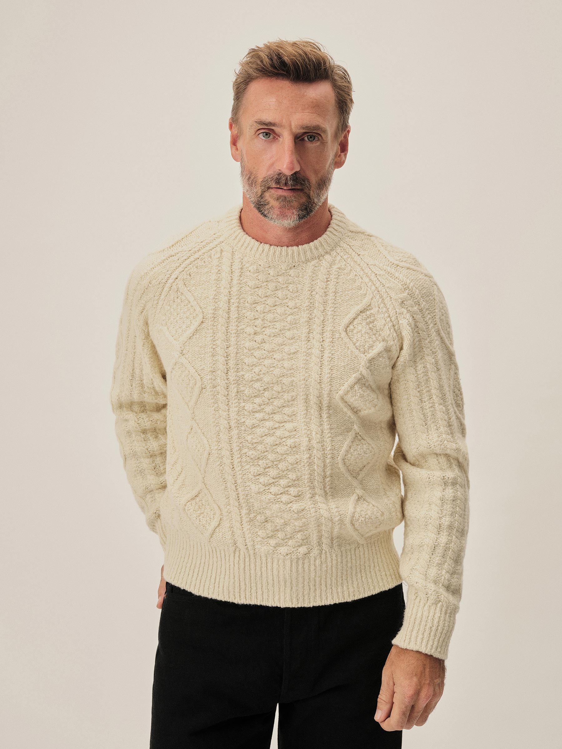 Ivory Seastack Wool Tweed Cable Crew - Image 3