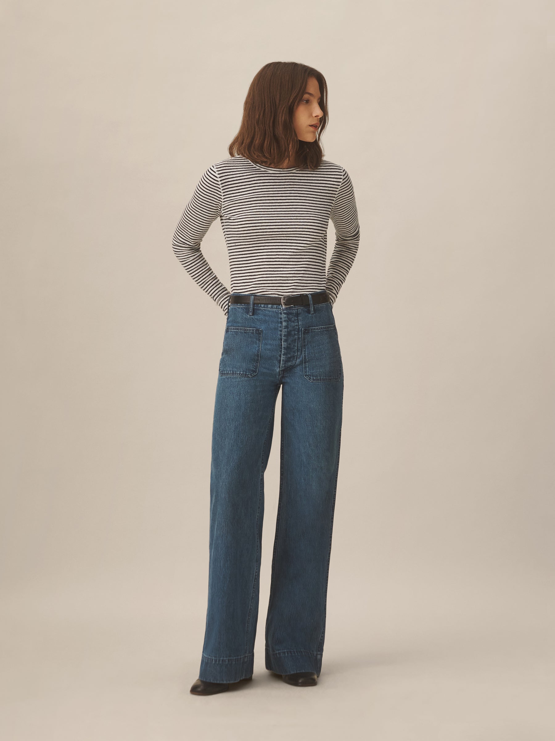 Natural / Navy Stripe Heirloom Rib L/S Crew - Image 3