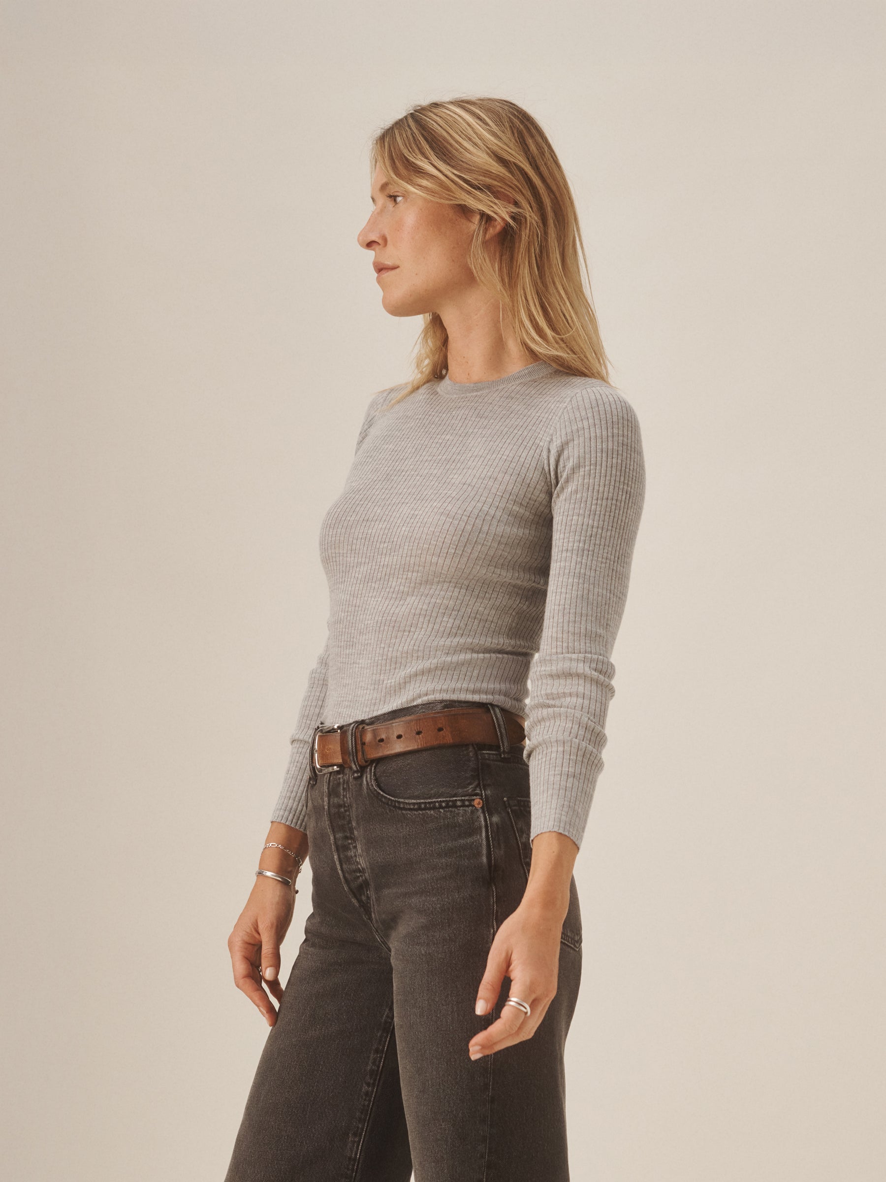 Light Heather Grey Featherweight Silk Cashmere L/S Crew - Image 3