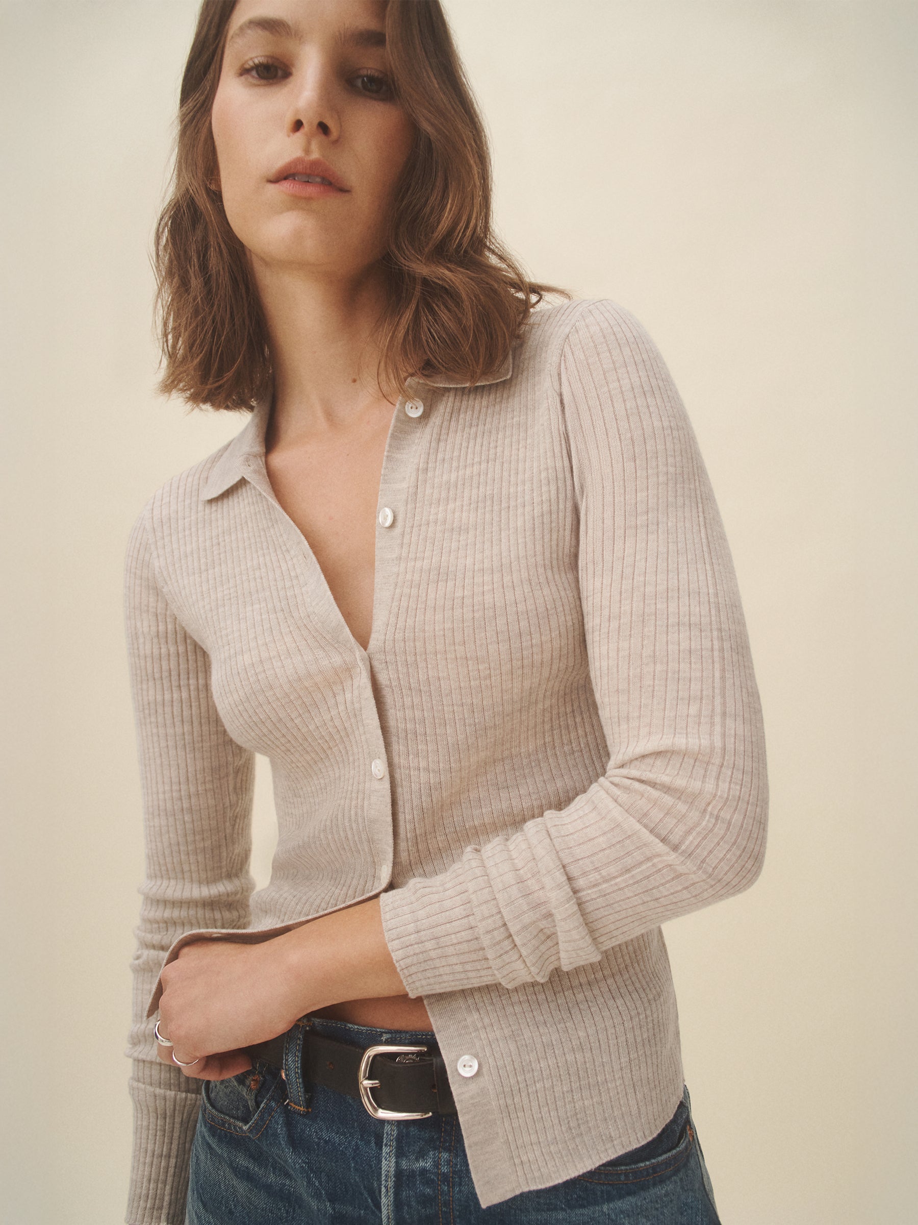 Heather Oat Featherweight Silk Cashmere Collared Cardigan - Image 4