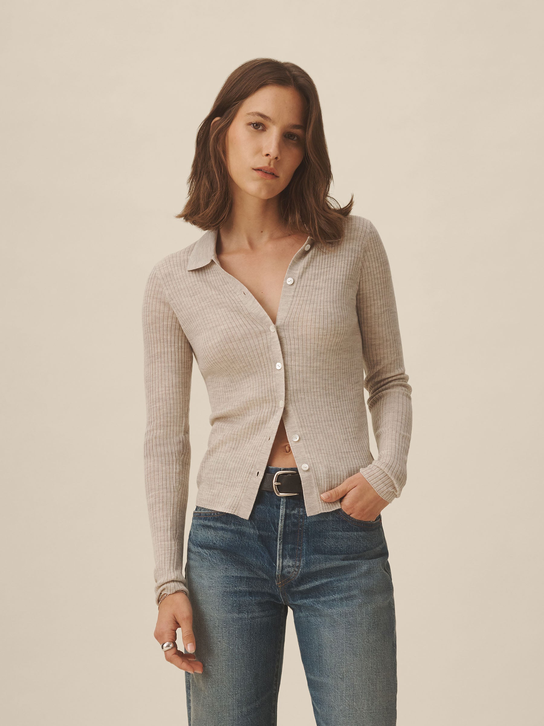 Heather Oat Featherweight Silk Cashmere Collared Cardigan - Image 3