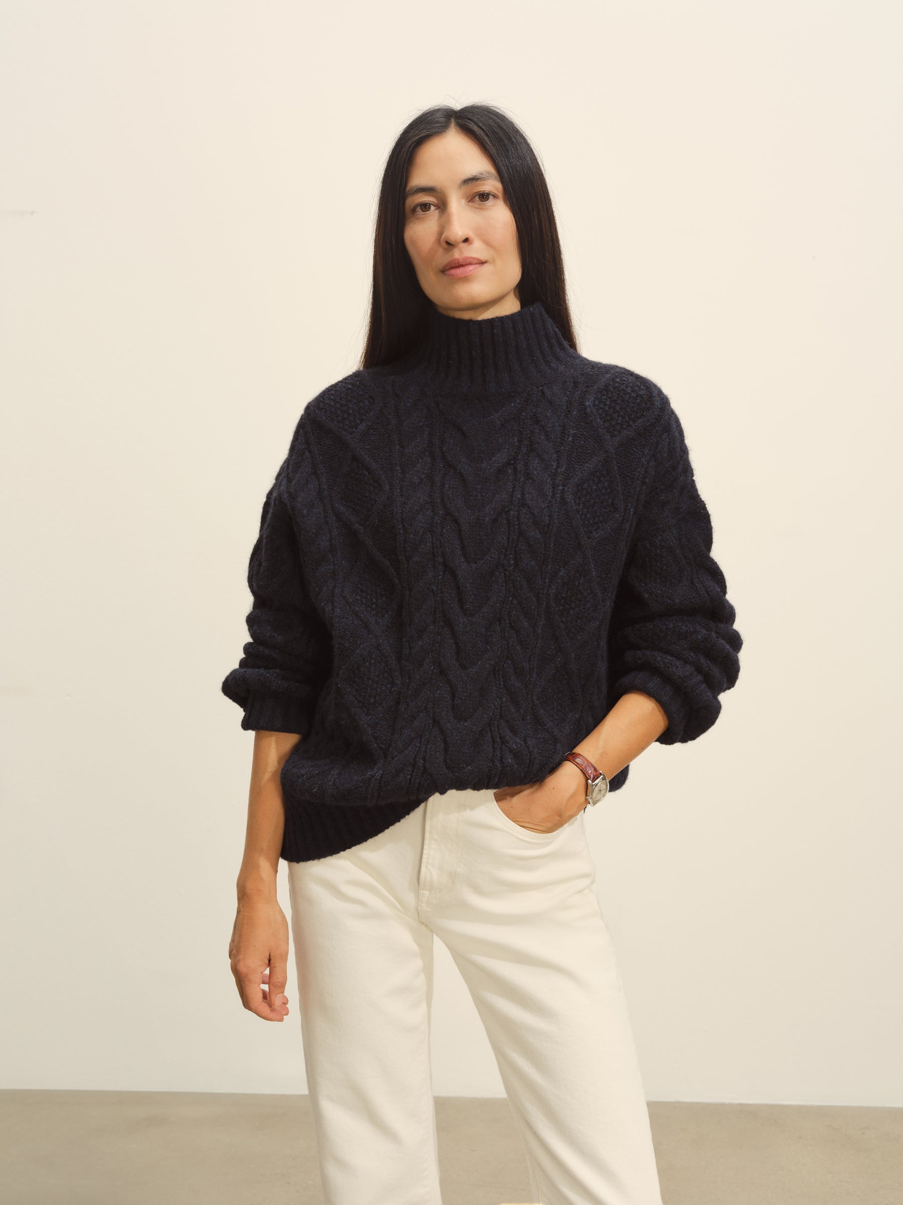Alternative view of Dark Navy Highland Alpaca Cable Turtleneck