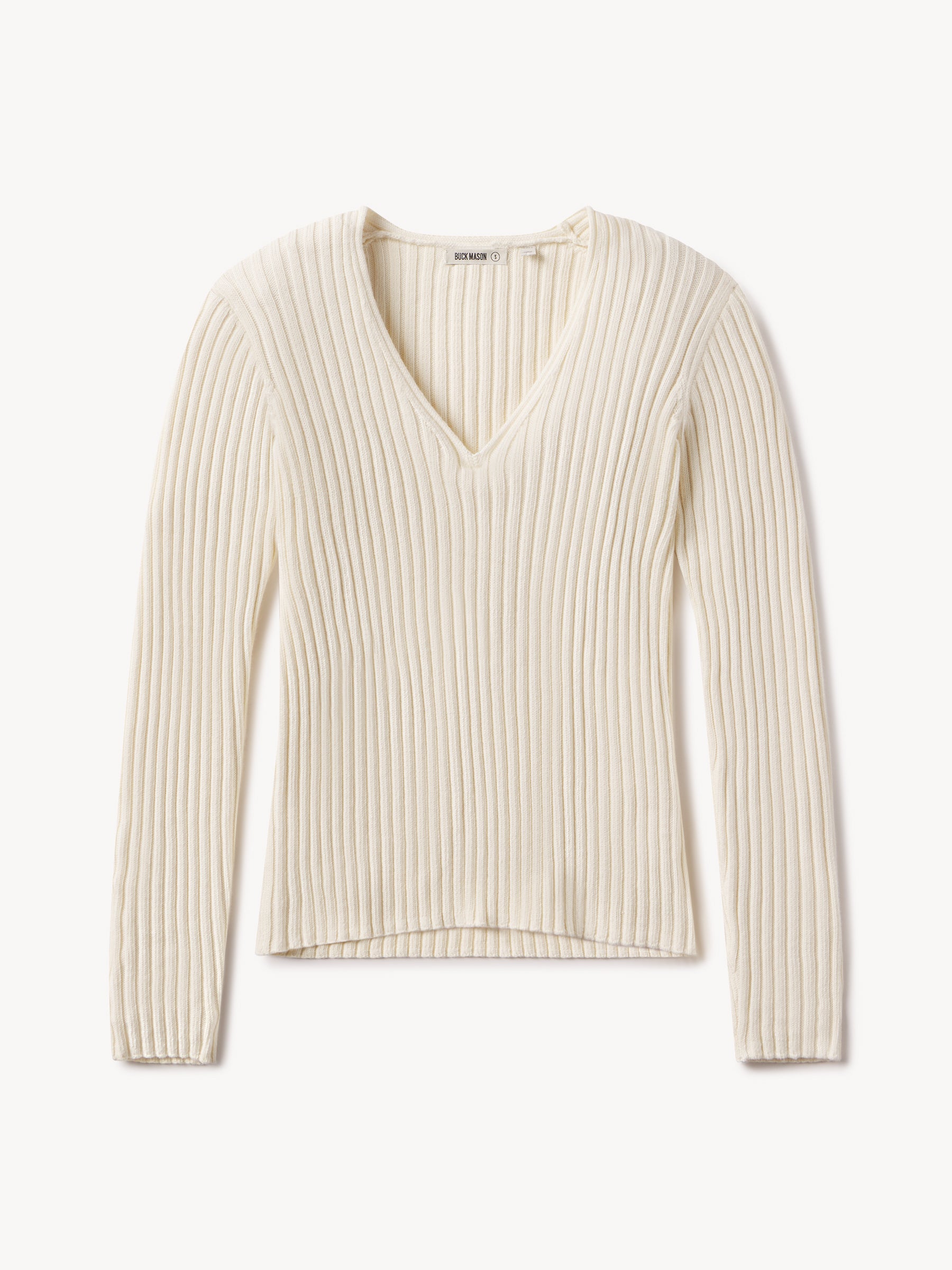 Natural Fluted Rib V-Neck Long Sleeve - Image 2