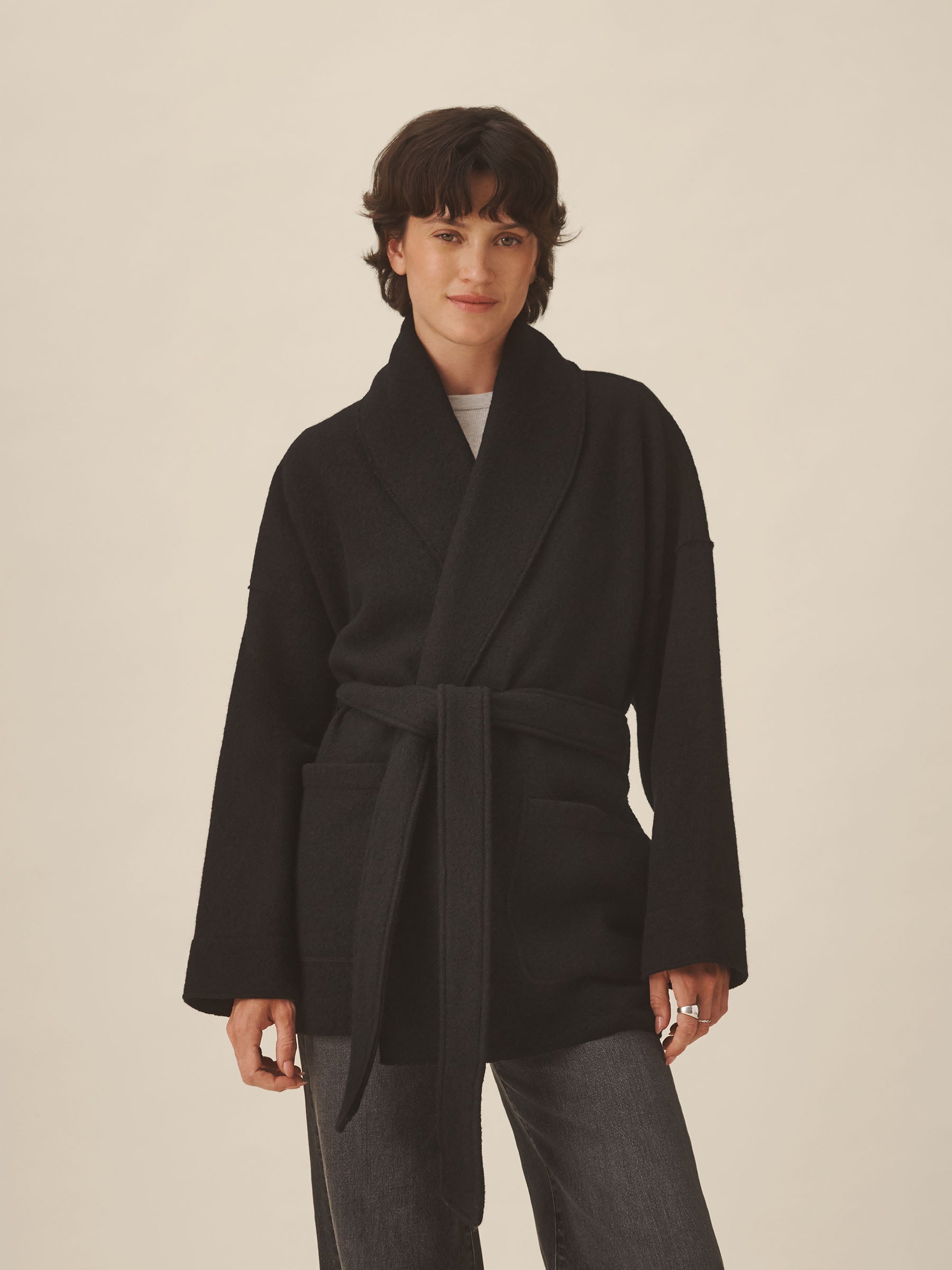 Black Felted Wool Wrap Coat