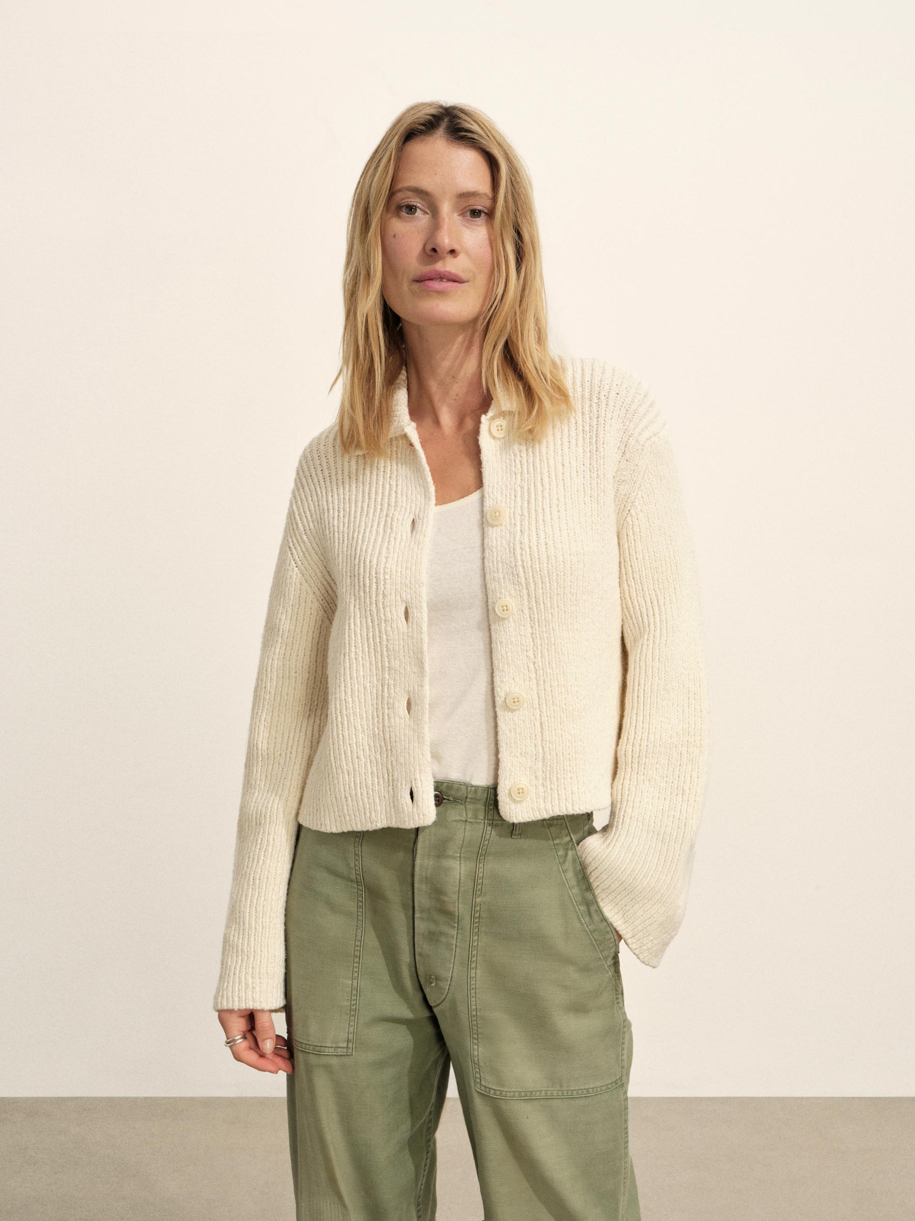 Natural Soft Spun Cotton Collared Cardigan - Image 3